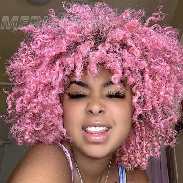 Beautiful Short Curly Hair Full Wigs Ombre Pink Synthetic Wig for