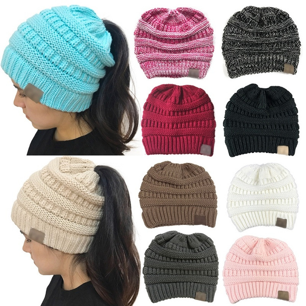 Women Winter Knitted Hat Messy Bun 