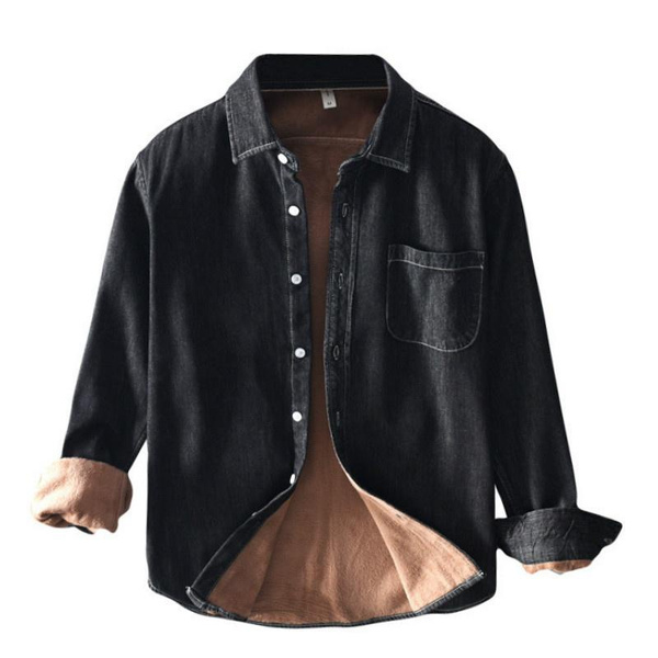 Men Fleece Lined Denim Shirt Warm Blue 
