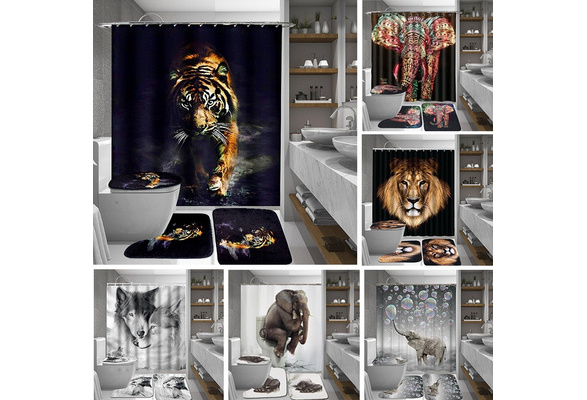 4Pcs Lion Home Decor Bathroom Pad Toilet Seat Cover Bath Mat Shower Curtain