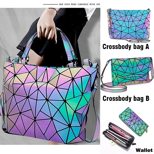 Geometric luminous purses and handbags for women discount holographic reflective crossbody bag wallet