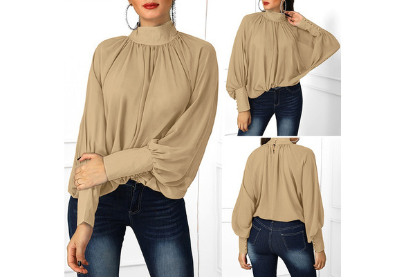 Women Solid Color High Neck Blouse Tops Casual Puff Sleeve Chiffon