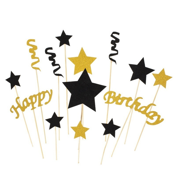 Black Gold Glitter Stars Happy Birthday Cake Toppers set for Cake Decoration  Birthday Wedding Party Supplies Baking Accessories