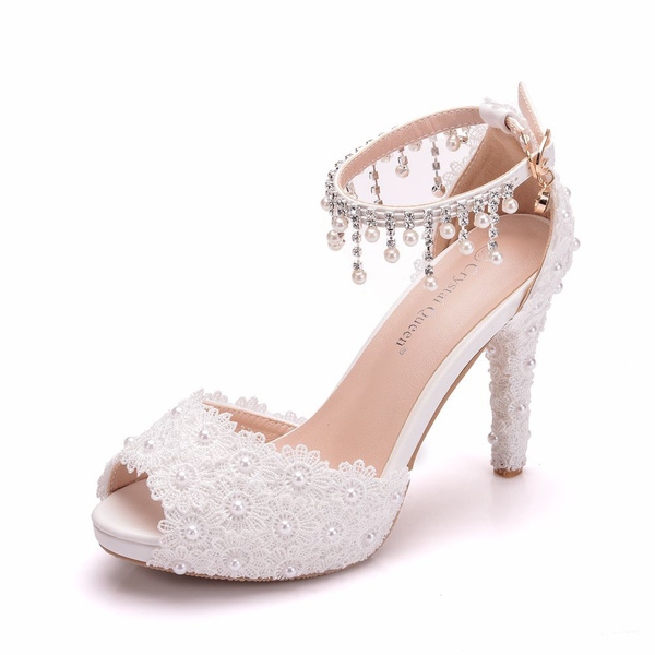 White Lace Wedding Sandals Peep Toe 