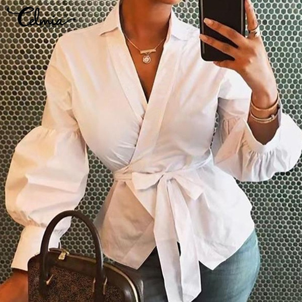 Plus White Wrap Front Shirt Long Sleeve Crop Top