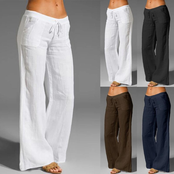 Women Casual Baggy Long Pants Wide Leg Elastic Waist Cotton Linen Flare ...