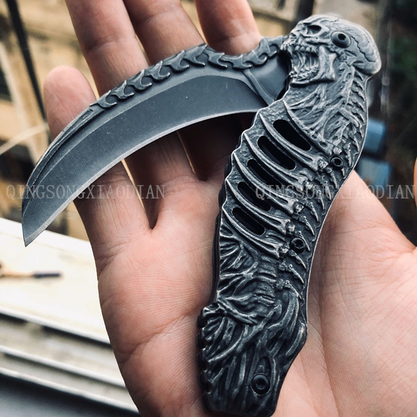 Grim Reaper Tactical Survival Knifes Spring Assisted Open Knife,Top Quality 3D Ghost Skull Carve