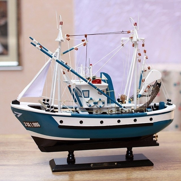 Handmade Fishing-Boat Model Wood Trawler Ship Miniature Marine