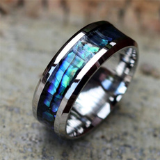 8mm Titanium Steel Men Rings Inlaid Abalone Shell Wedding Band Men's Jewelry