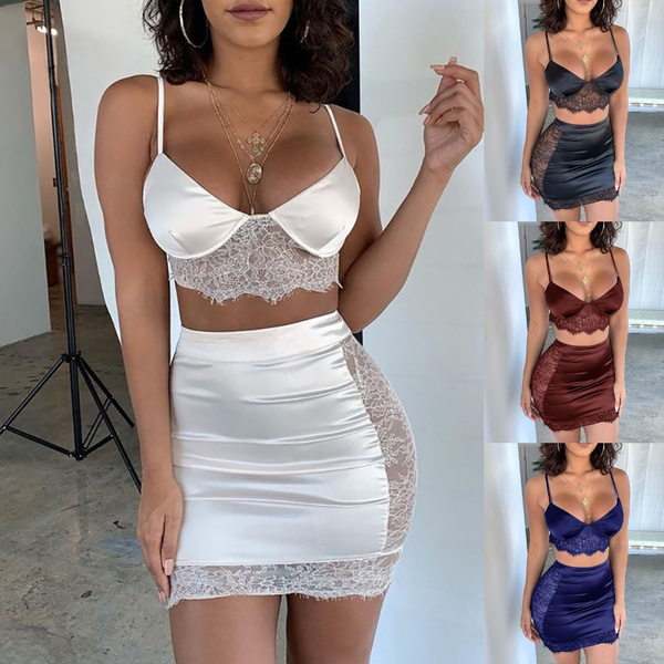 Lace Two Piece Set Clubwear Outfits for Women Bralette Top and Skirt Plus  Size S-3XL