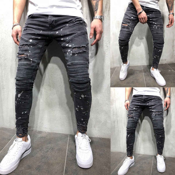 Men Skinny Stretchy Denim Jeans Distressed Ripped Frayed Pants Slim Fit Trousers