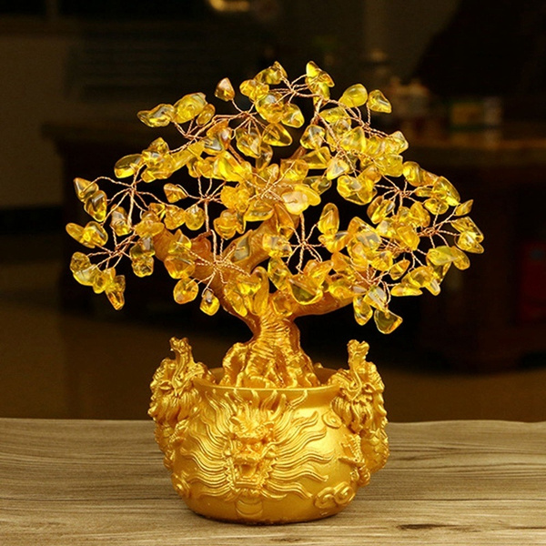 Tree Wealth Figurines Golden Crystal Lucky Money Fortune Home Office Decorations 