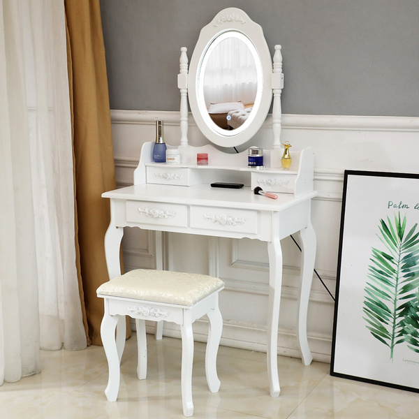 Lighted Mirror Makeup Dressing Table, Mirror Vanity Set With Lights