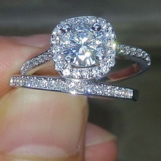 Sterling, White Gold, Engagement Wedding Ring Set, Bridal