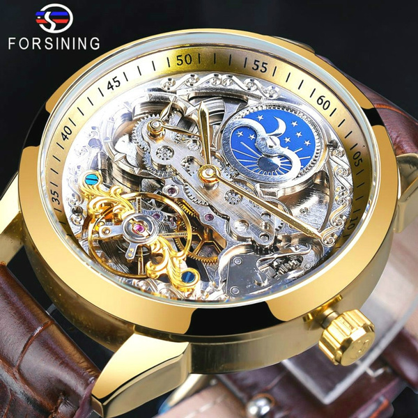 Rougois Gold Skeleton Watch with Brown Leather Band