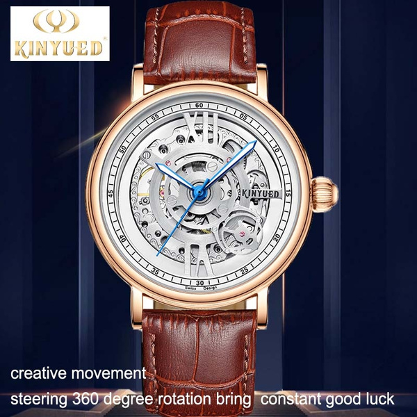 KINYUED Men Skeleton Mechanical Watches Busiess Watch 360 Degree