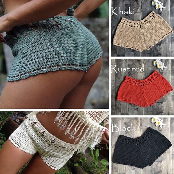 Crochet Shorts Women Summer Beach Boho 2020 Mid Waist Cotton Shorts Girls Sexy Slim Shorts Femme Bottoms 100 Handmade