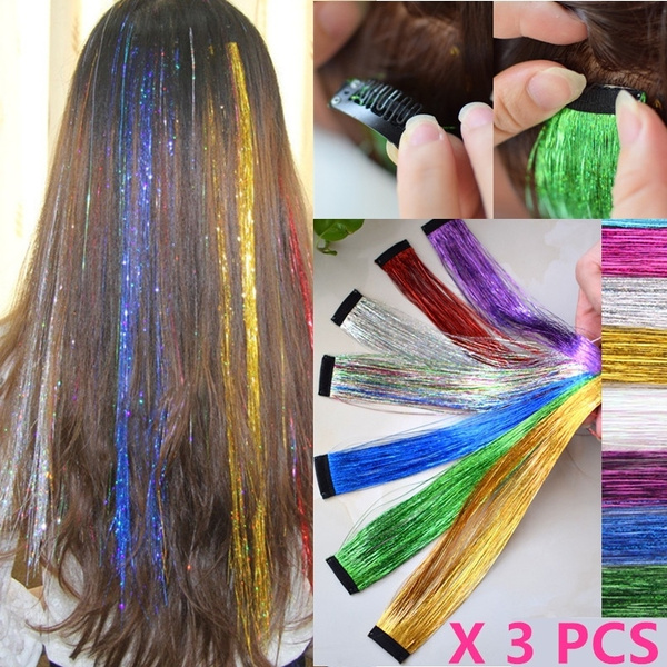 Gå tilbage Fortære moden 3 Pcs/Lot Glitter Color Hair Extension Hair Sparkling Fashion Hair Strands  Synthetic Extension Clip Hairpiece For Lady Women Party | Wish