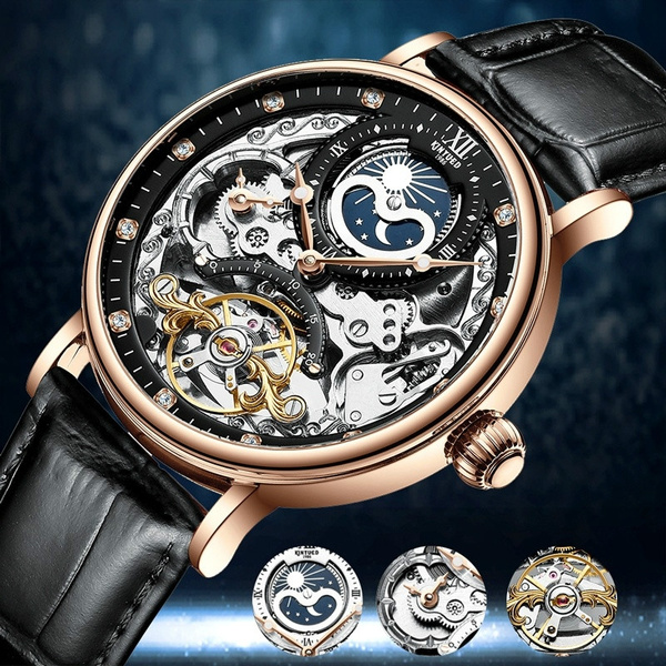 KINYUED Montre Homme Men Tourbillon Automatic Mechanical Skeleton Watch Steampunk Diamond Dial Moon Phase Display Exquisite Leather Strap Waterproof