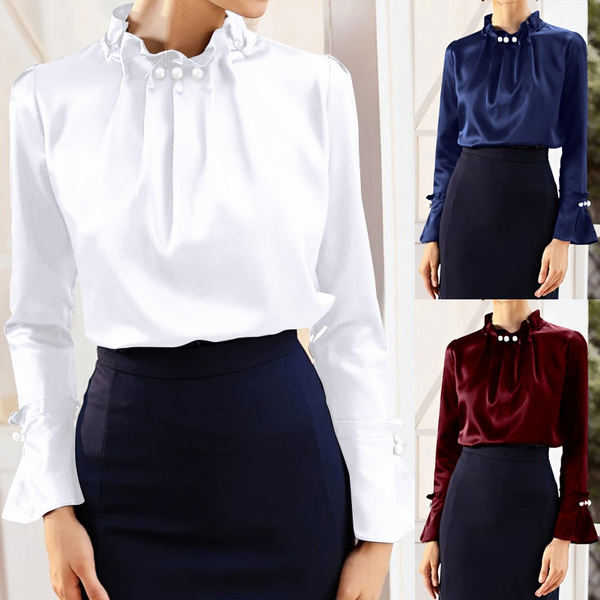 Women Flare Long Silk Blouse Blusas Satin Beading Office Casual Shirt Elegant Tops Wish