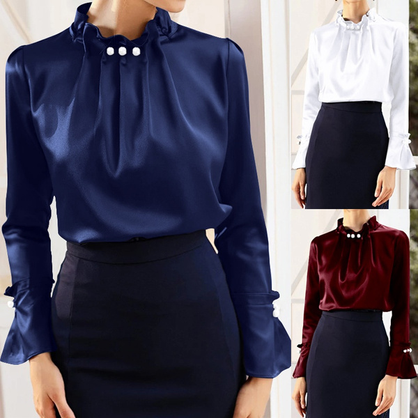 slipintosoft Women's Silk Blouse Long Sleeve Lady Silk Shirt Casual Office Work Blouse Silk Shirt Tops, Navy Blue / L