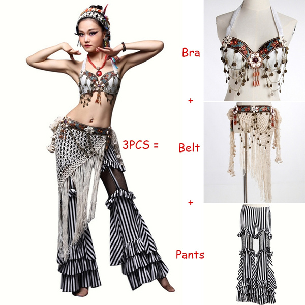 Tribal Belly Dance Costumes Vintage Coins Bra Tassel Belt Pants Women  Tribal Top Clothes 3pcs Set Outfit Sexy Embroid Gypsy