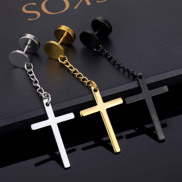 Charm Drop Jesus's Cross Long Chain earring Silver 2pcs Stainless Steel  Huggie Earring For Mens Boys And Womens Gils Stainless Steel Huggie Earring