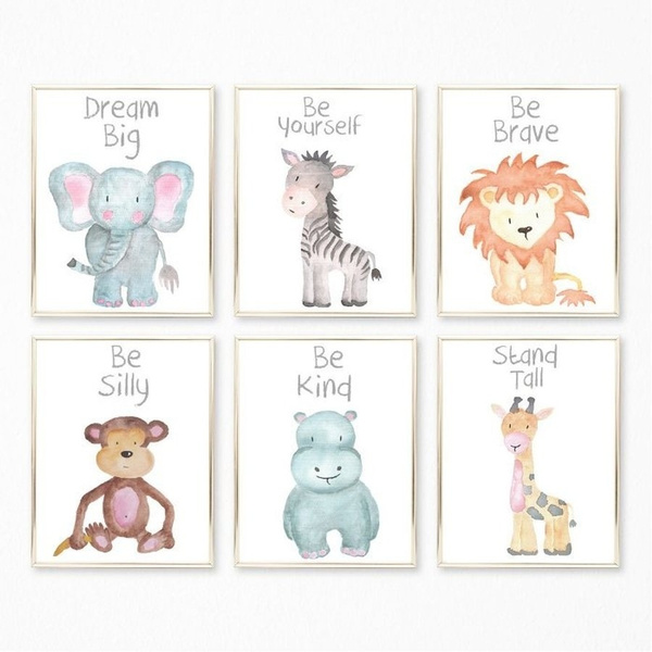Cartoon Safari Animals Canvas Art Print Nursery Wall Pictures Wall Poster Wall Paintings Wall Art For Kids Bedroom Living Room Home Decoration Frame Not Include Wish
