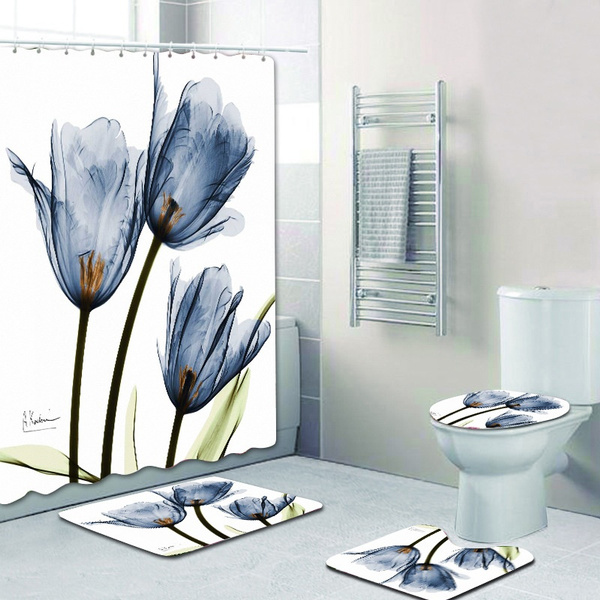 Tulips Lavender Bathroom Shower Curtain Pedestal Rug Toilet Cover Mat Set 4pcs 