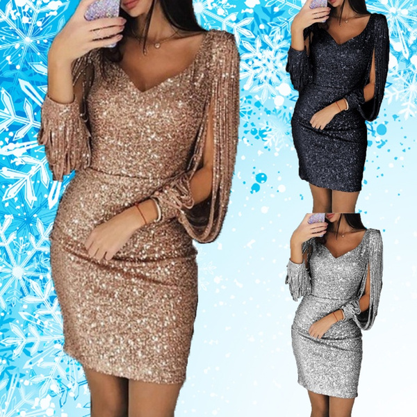 Sequin and tassel sales long sleeve bodycon dress