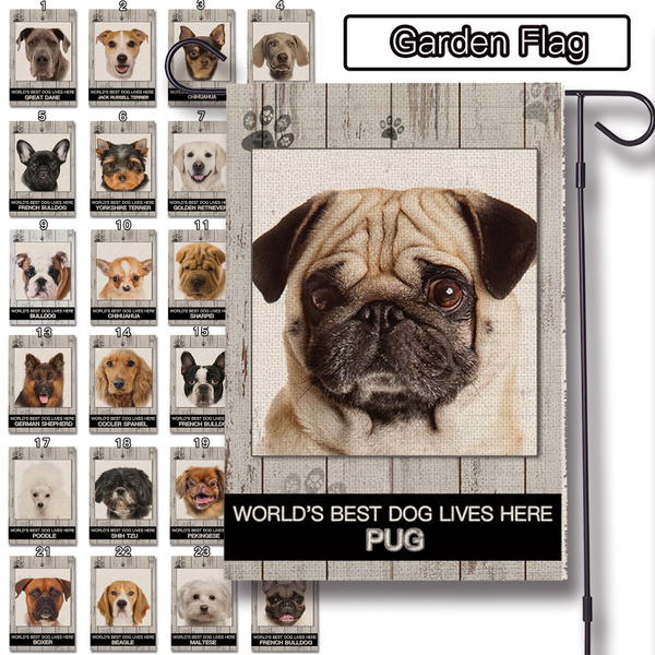 Garden Flag Dog Double Sided Banner Best Living Here Pattern Outdoor Decoration French Bulldog Yorkshire Terrier Flags Wish Garden Flag Dog Double Sided, Pug Dog Garden Flags