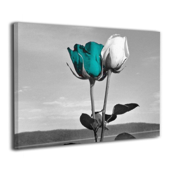 Prints Black And White Teal Rose Flower, Black And White Teal Wall Decor