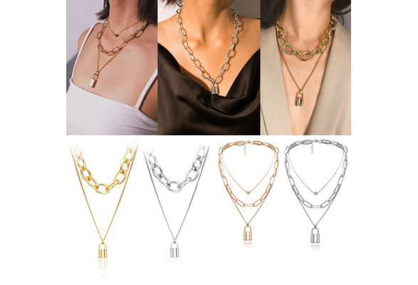 Wholesale Hips Hops Multi Layer Rhinestone Cuban Chain Necklace Women Punk Link Chain Key Lock Pendant Necklace Accessories,1 Piece