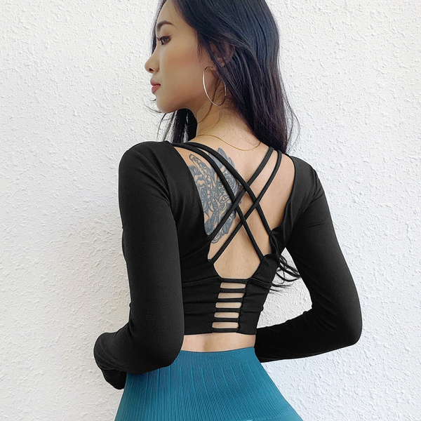 Women's Padded Sports Top Long Sleeve Strappy Backless Workout