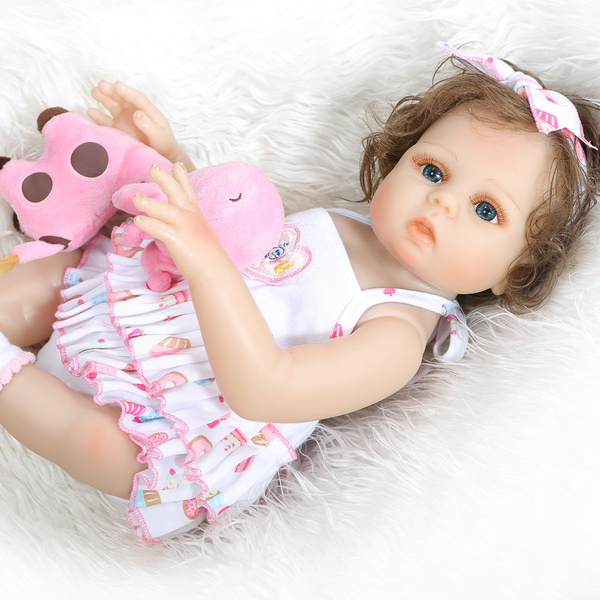 Pinky Reborn 18inches 47cm Newborn Bebe Doll Reborn Baby Girl Doll Realistic Cute Full Body Soft Silicone Vinyl With Curly Hair Baby Doll Wish