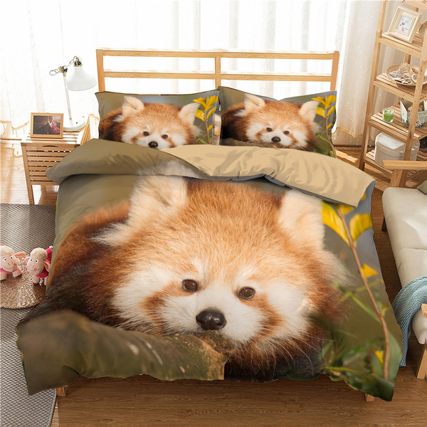 Red Panda Printed 2 3pcs Cotton Duvet, Panda Bedding King Size