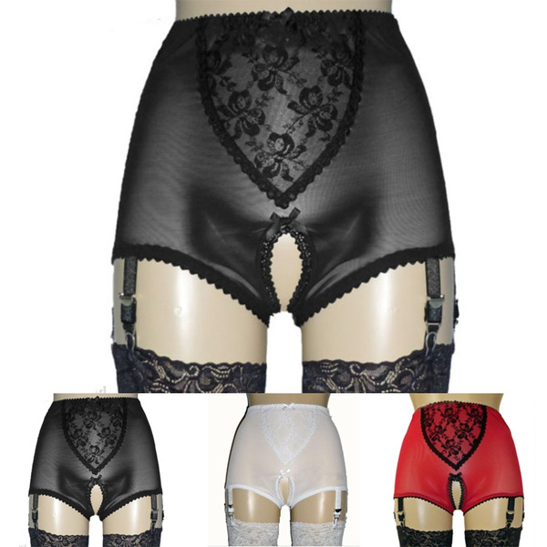 NEW Women's High-waist Crotchless Garter Panty Lace Mesh Lingerie 6 St...