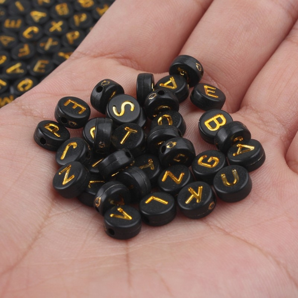 100pcs Black Letter Beads Gold Alphabet Acrylic Round Beads for