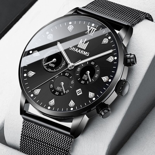 Montre Homme Fashion Men Business Watch Casual Waterproof Diamond Calendar Wrist Watch Male Mesh Strap Quartz Clock Christmas Gift