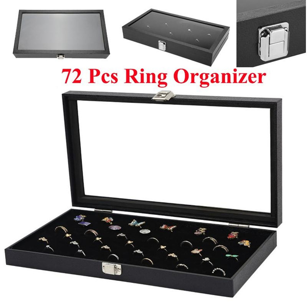 72/36 Rings Jewelry Display Organizer Case Tray Holder Earring Storage Glass Box 