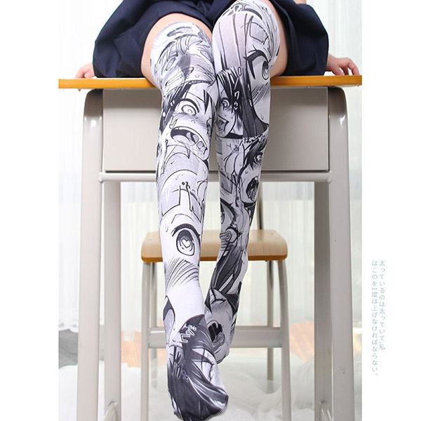 Ahegao Anime Printed Stockings Lolita Girls Gothic Velvet Overknee Tights Socks