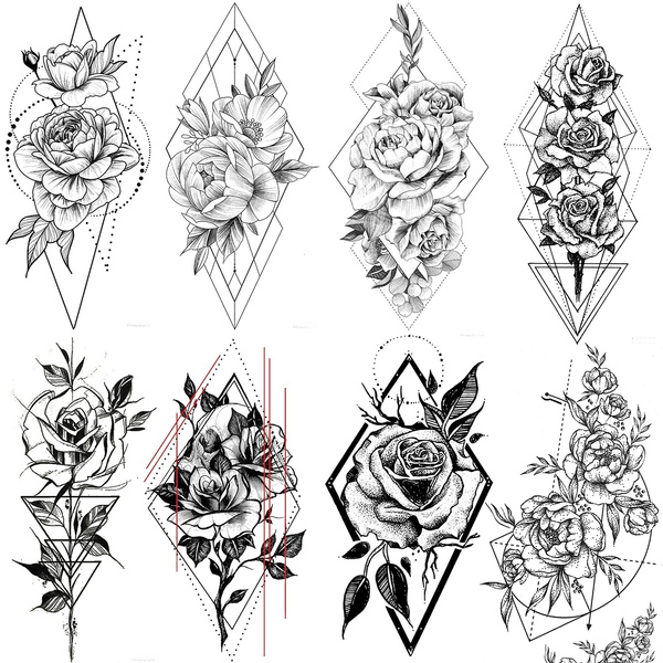 6 Sheets FANRUI Sexy Large Geometric Flowers Temporary Tattoos For Women  Girls Triangle Rose Painting Big