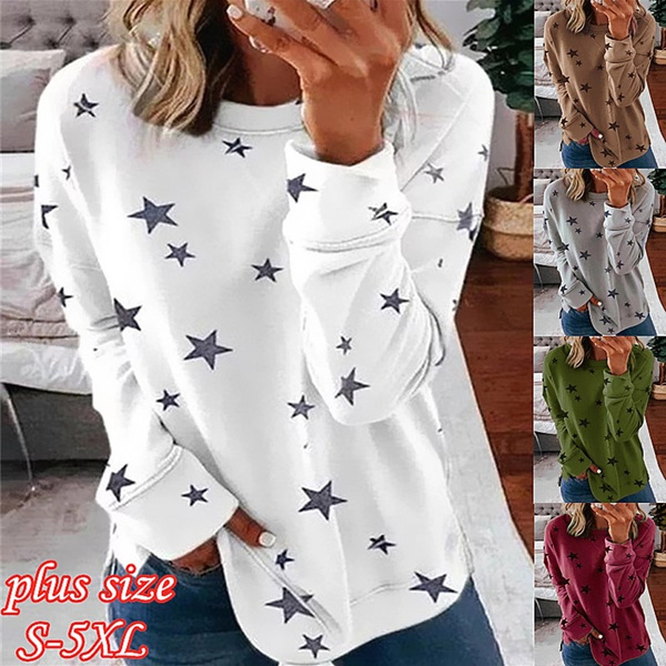 Lataw Women Tops and Sweatshirt Stylish Soft Plus Size Tops Print Round Neck Long Sleeved Long T-Shirt Leisure Sporty Blouse Tunic