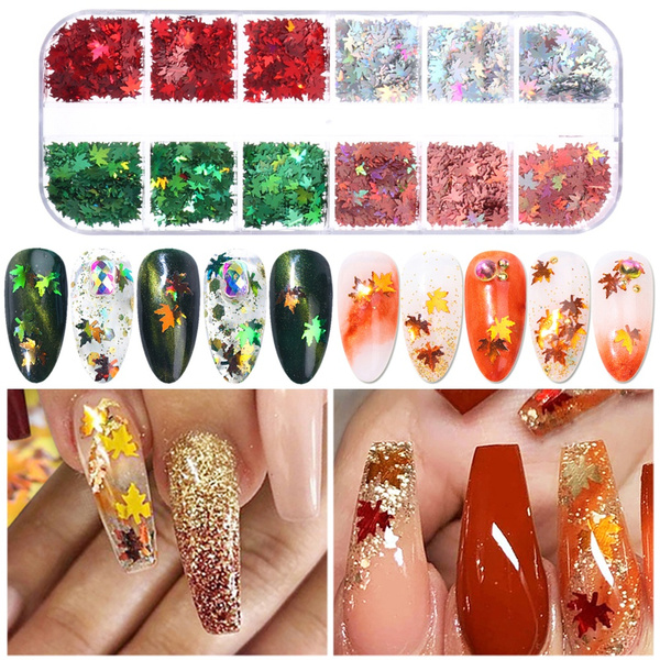 Maple Leaf Nail Art Sequins Fall Leaves 12 Grid-Boxes Nail Art Decor 3D DIY  Nail Decoration Holographic Laser Mix Color Sequins Maple Leaf Fall Leaves  Flakes Nails Glitter Decorations 4 Colors