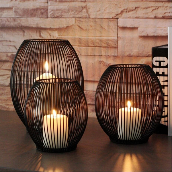 3 Sizes Available Modern Home Cage Lantern Black Metal Iron Candle Holder 