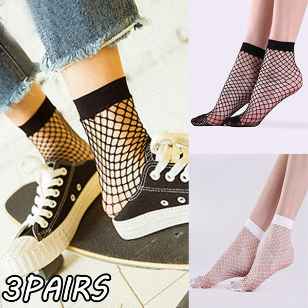 3 Pairs Fashion Women's Black White Fish Net Socks Ankle High Socks Mesh  Short Socks