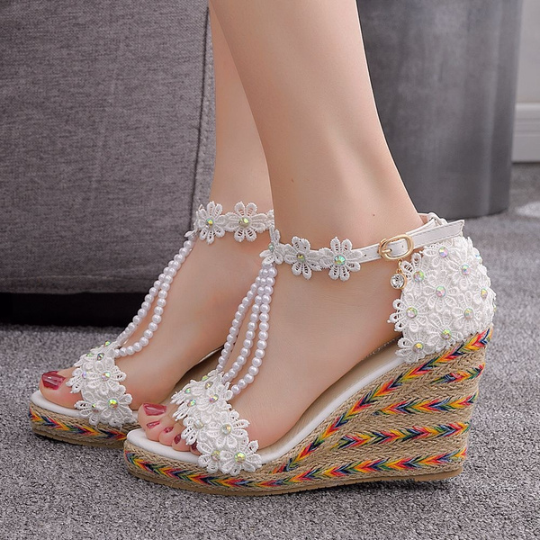 white lace wedges