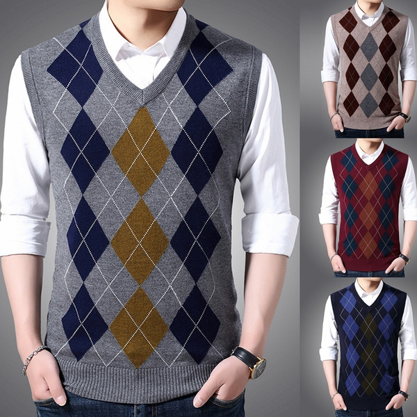 Men Sleeveless Pullover Tank Tops Sweater Knitted Argyle Tops V-neck Slim Vest 