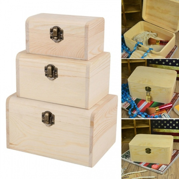 3pcs Plain Wooden Pirate Treasure Chest, Wooden Treasure Boxes Craft