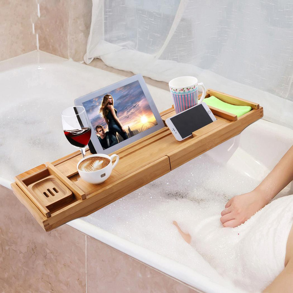 Extendable Bathtub Tray Bamboo Spa Bathtub Caddy Organizer Hanging Wine  Tablet Holder Non Slip Reading Rack